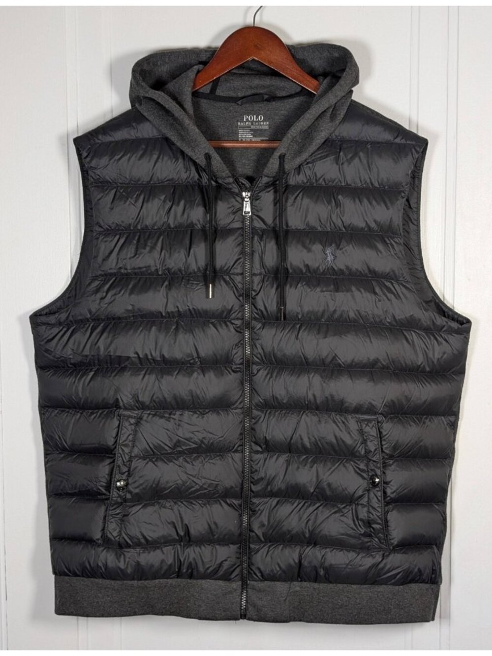 Polo Ralph Lauren Black Performance Down Zip Puffer Vest Quilted Hooded Mens XL